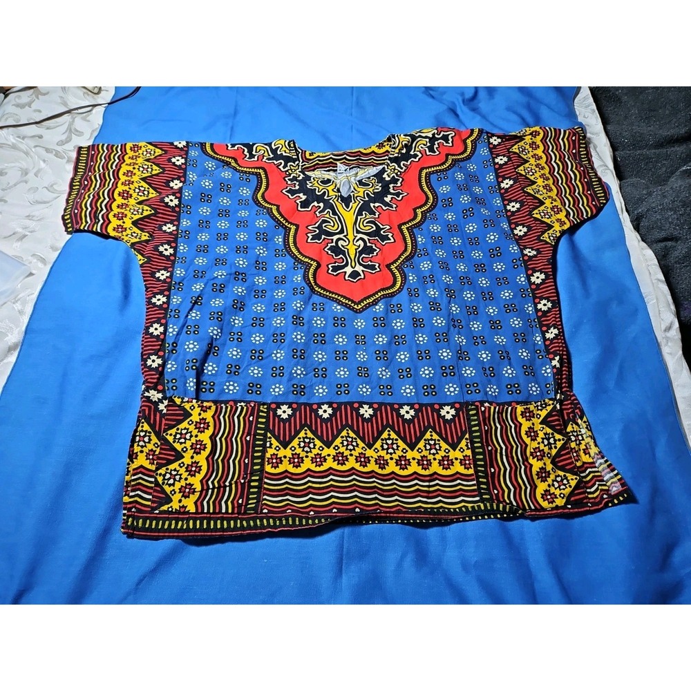 Vintage Dashiki Tunic Top Boho Hippie Groovy African Colors Sabysco Pockets L/XL